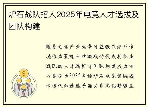 炉石战队招人2025年电竞人才选拔及团队构建