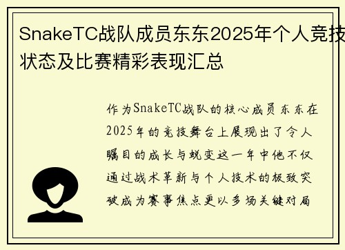SnakeTC战队成员东东2025年个人竞技状态及比赛精彩表现汇总